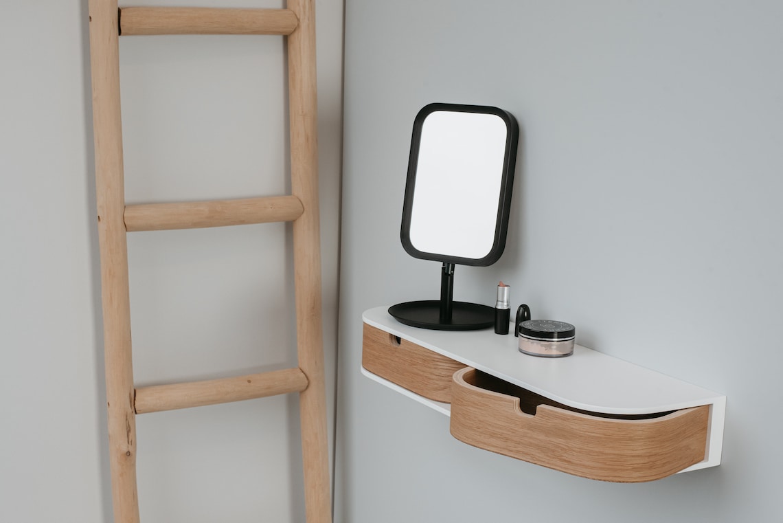 Mounted wall nightstand, Entryway retro floating console, Modern floating wooden bedside table shelf drawer