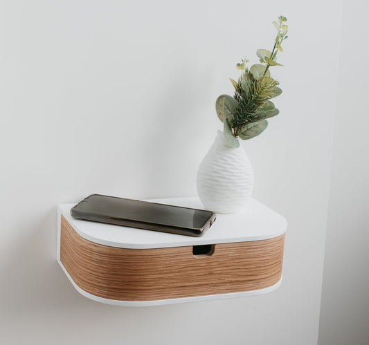Mounted wall nightstand, Entryway retro floating console, Modern floating wooden bedside table shelf drawer