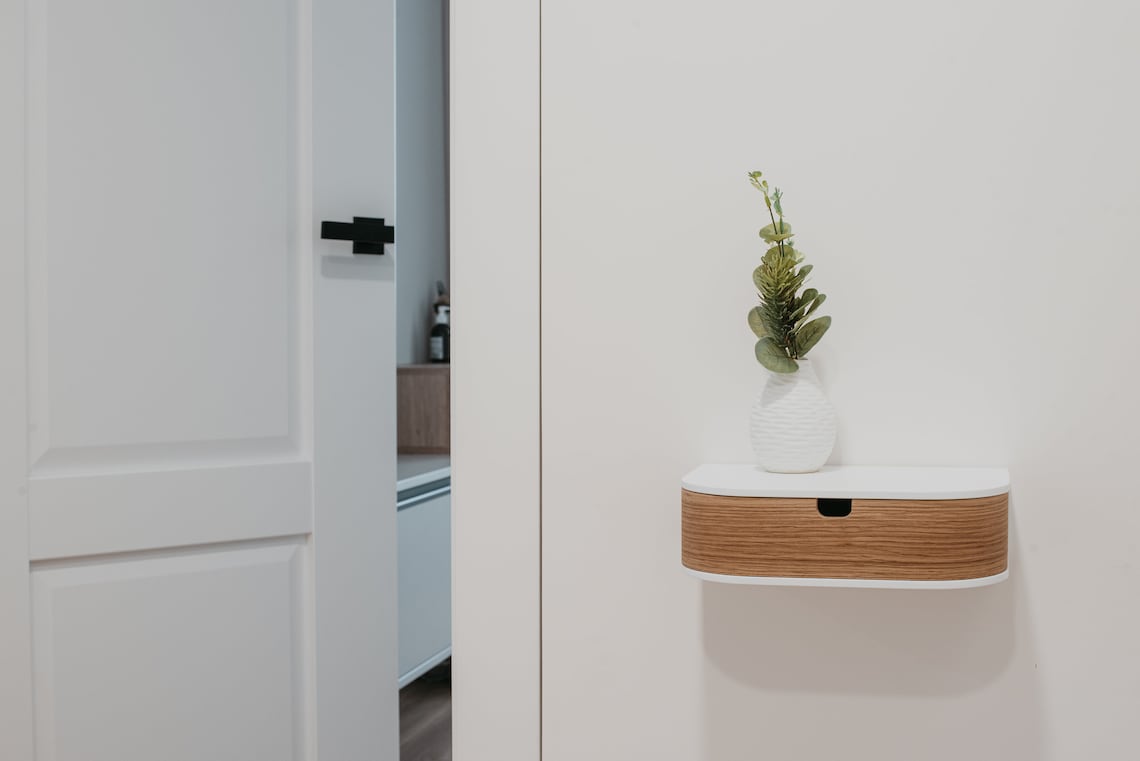 Mounted wall nightstand, Entryway retro floating console, Modern floating wooden bedside table shelf drawer