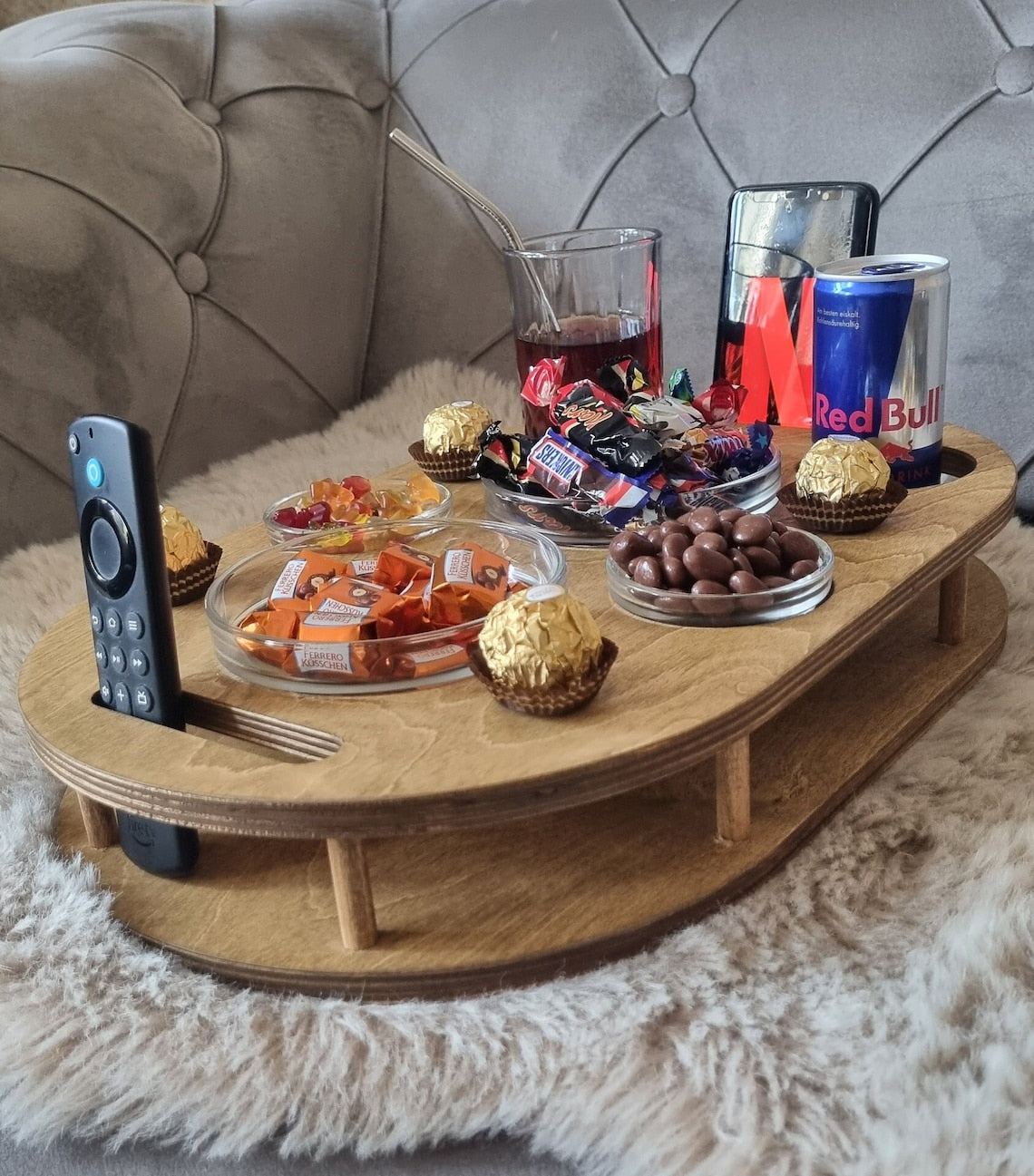 Handcrafted wooden coffee bar with 4 glass bowls | unique snack bar | customizable | camping | tray