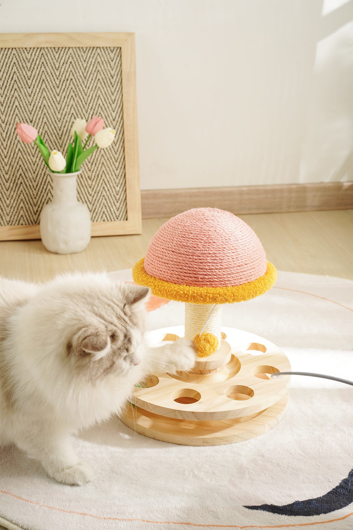 Wood Cat Scratcher| Sisal mushroom cat scratching post| Modern Cat furniture|Interactive toy | Turntable | Cat Tree |Wooden Base &wood ball
