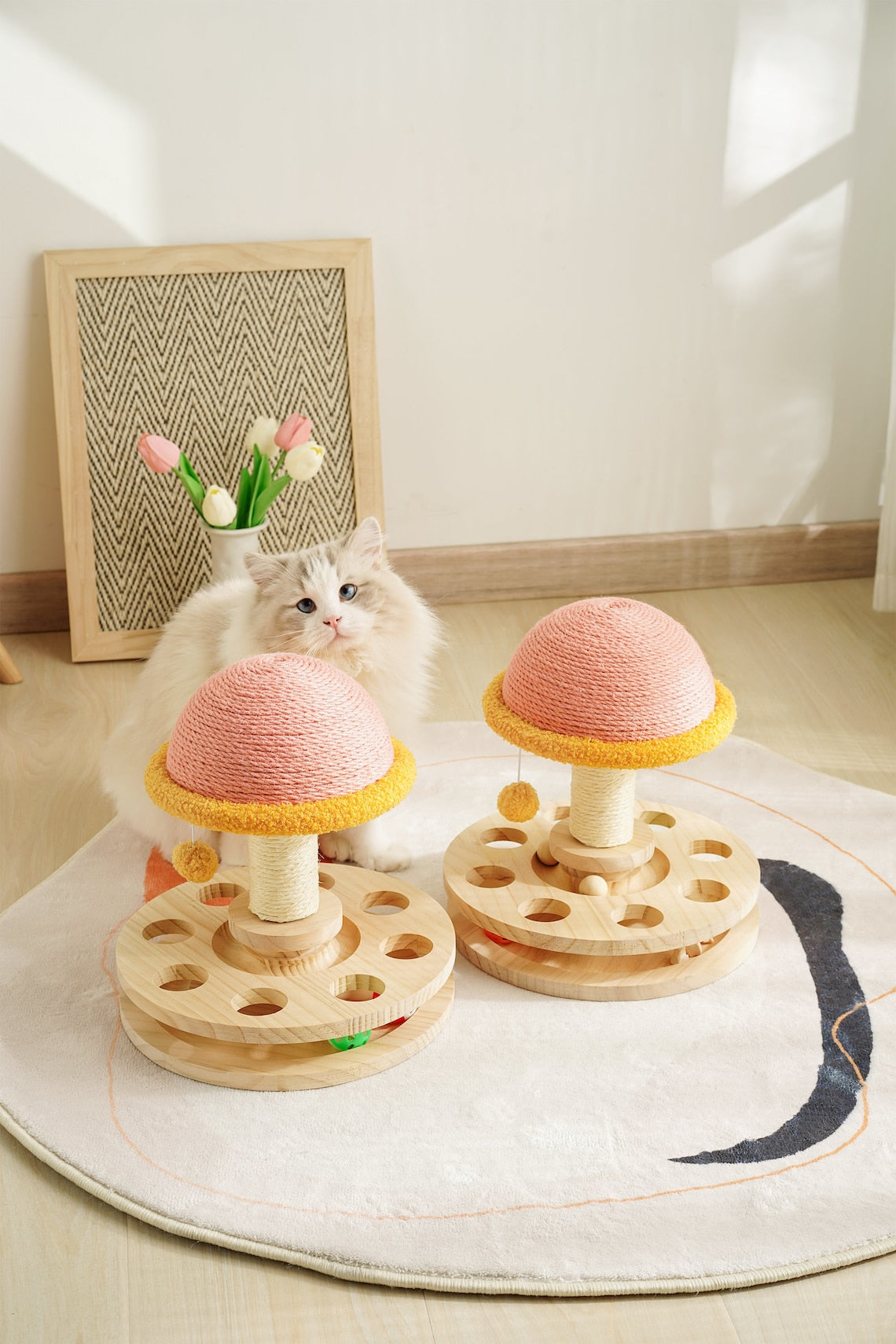 Wood Cat Scratcher| Sisal mushroom cat scratching post| Modern Cat furniture|Interactive toy | Turntable | Cat Tree |Wooden Base &wood ball