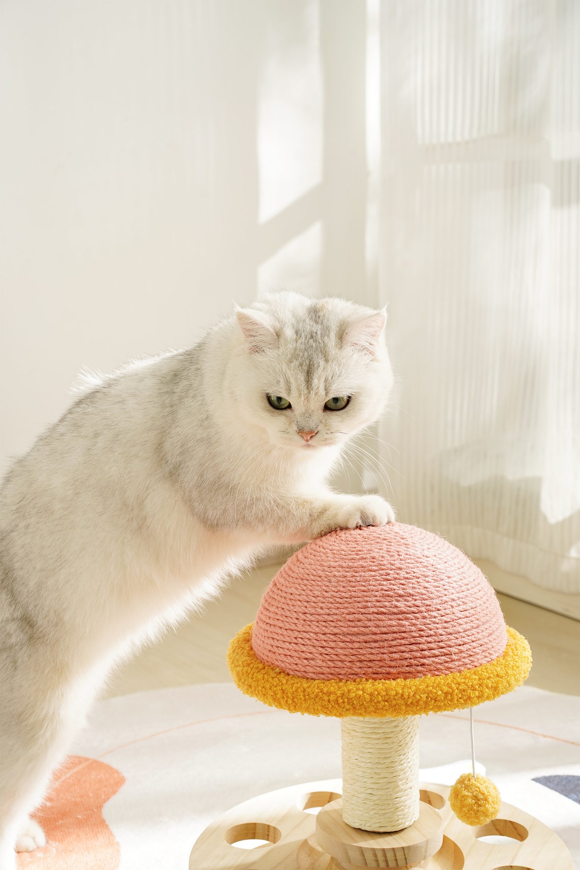 Wood Cat Scratcher| Sisal mushroom cat scratching post| Modern Cat furniture|Interactive toy | Turntable | Cat Tree |Wooden Base &wood ball
