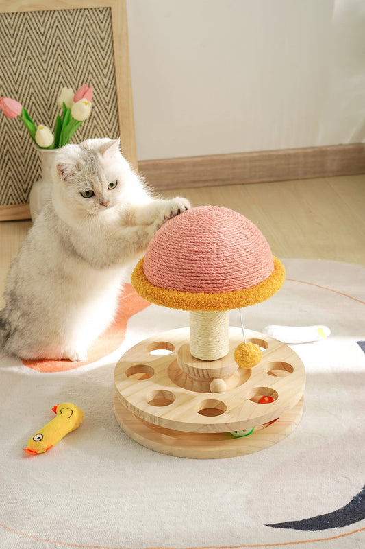Wood Cat Scratcher| Sisal mushroom cat scratching post| Modern Cat furniture|Interactive toy | Turntable | Cat Tree |Wooden Base &wood ball