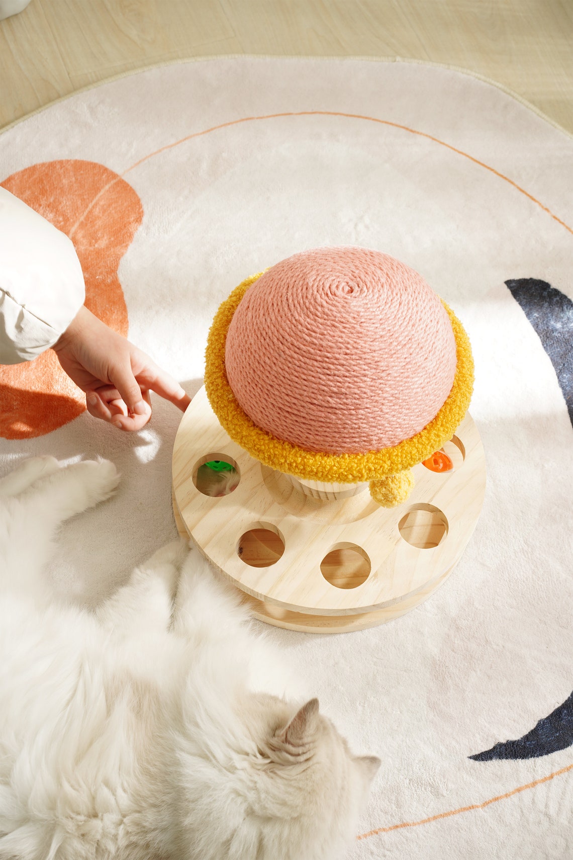 Wood Cat Scratcher| Sisal mushroom cat scratching post| Modern Cat furniture|Interactive toy | Turntable | Cat Tree |Wooden Base &wood ball