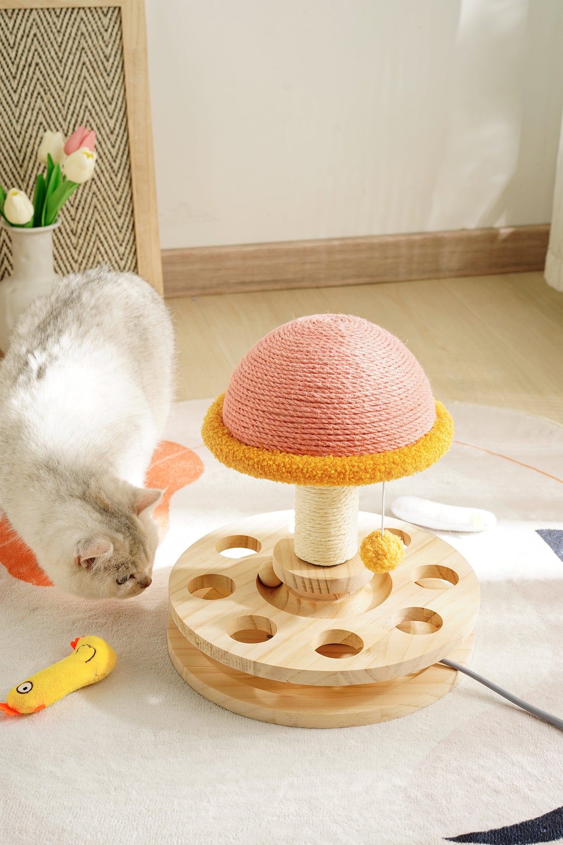 Wood Cat Scratcher| Sisal mushroom cat scratching post| Modern Cat furniture|Interactive toy | Turntable | Cat Tree |Wooden Base &wood ball