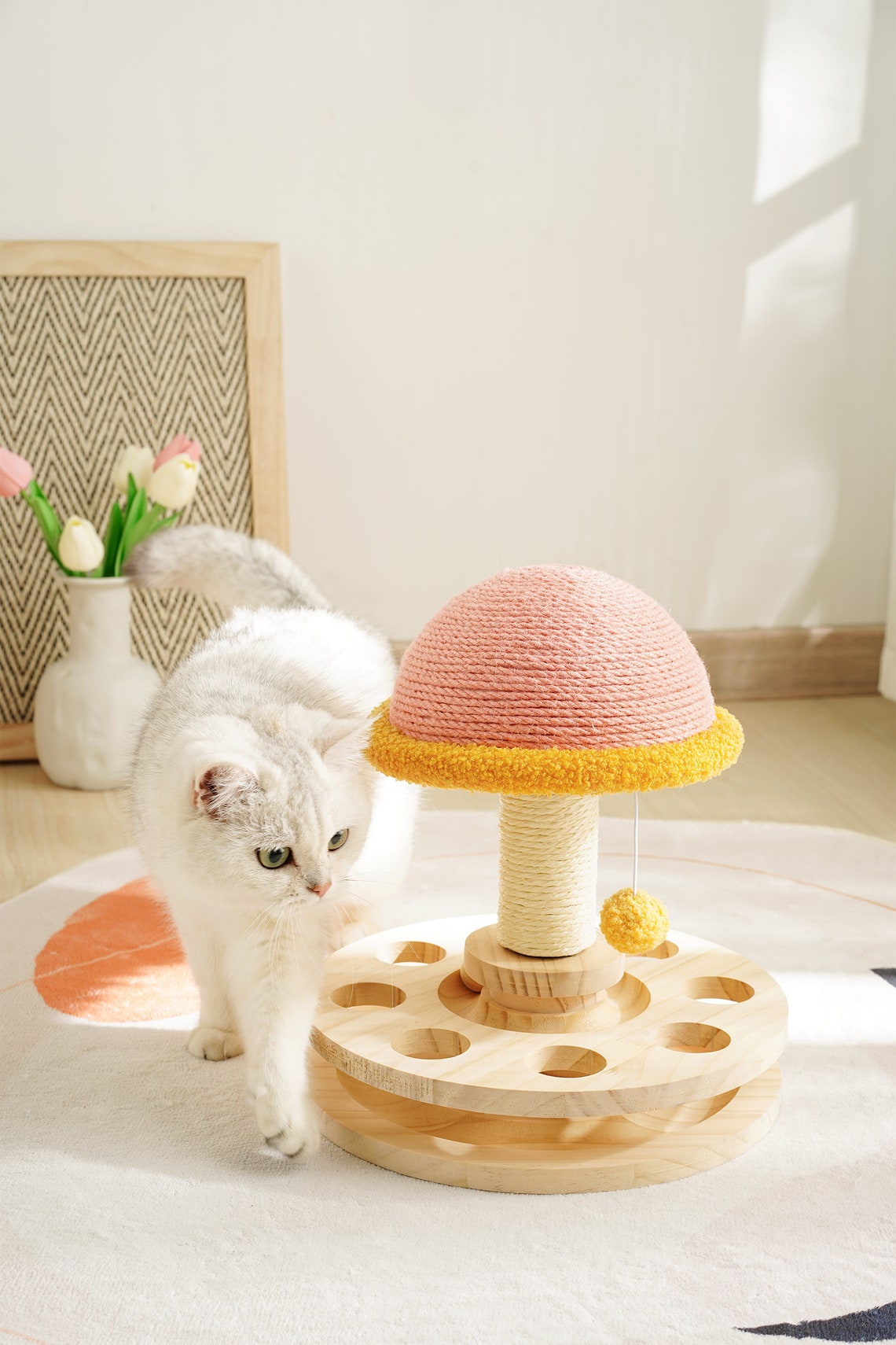 Wood Cat Scratcher| Sisal mushroom cat scratching post| Modern Cat furniture|Interactive toy | Turntable | Cat Tree |Wooden Base &wood ball