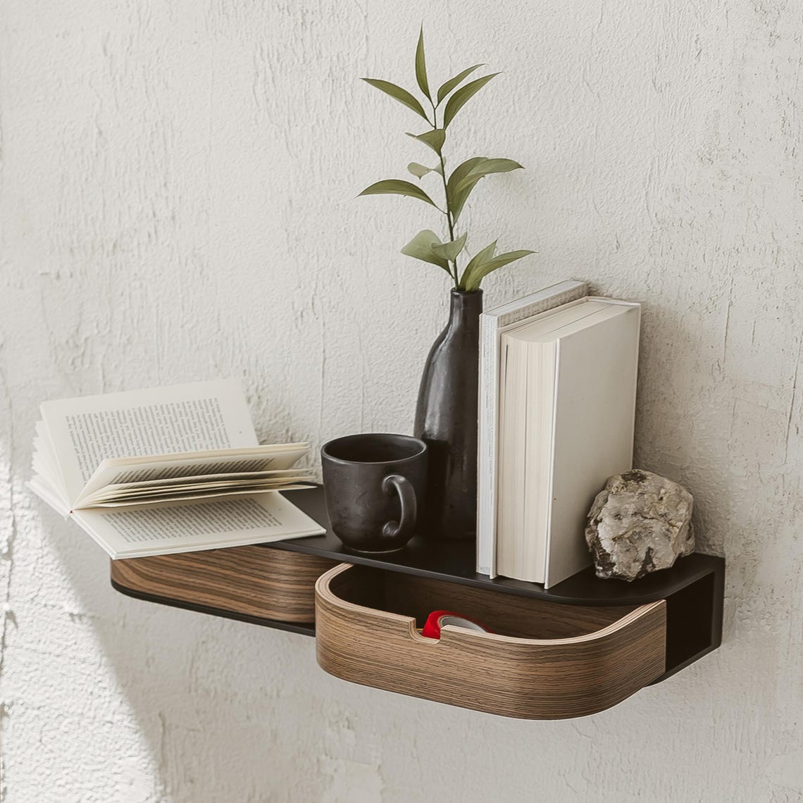 Mounted wall nightstand, Entryway retro floating console, Modern floating wooden bedside table shelf drawer