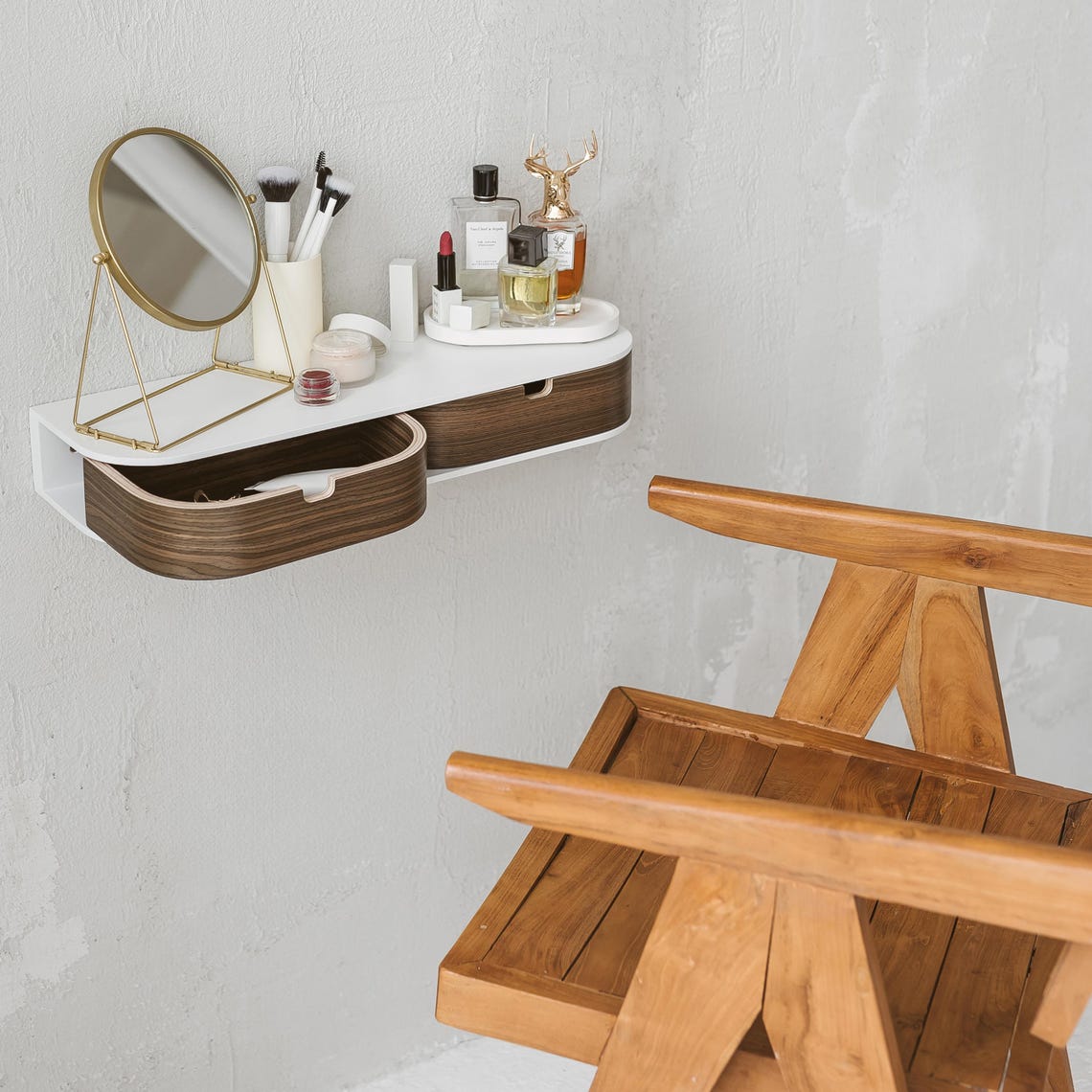 Mounted wall nightstand, Entryway retro floating console, Modern floating wooden bedside table shelf drawer