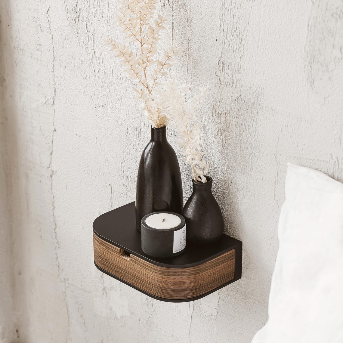 Mounted wall nightstand, Entryway retro floating console, Modern floating wooden bedside table shelf drawer