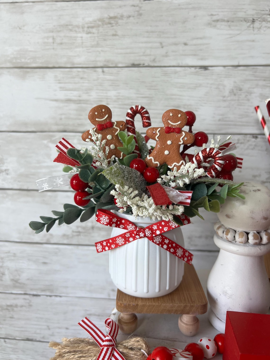 Christmas tiered Tray floral arrangement, Gingerbread tiered tray decor, Gingerbread christmas decor, Christmas tray decor, candy cane decor