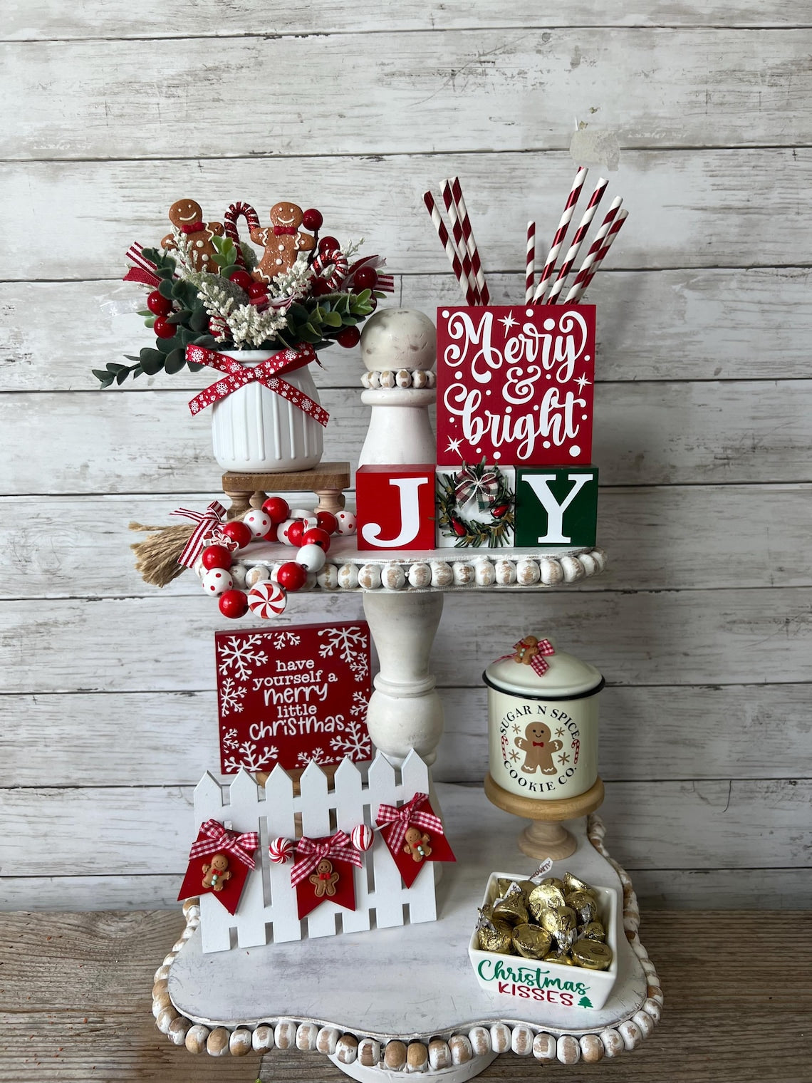 Christmas tiered Tray floral arrangement, Gingerbread tiered tray decor, Gingerbread christmas decor, Christmas tray decor, candy cane decor