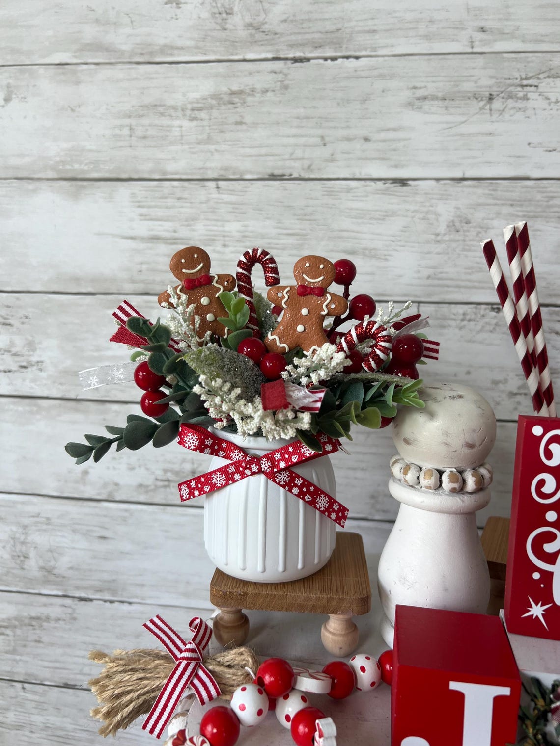 Christmas tiered Tray floral arrangement, Gingerbread tiered tray decor, Gingerbread christmas decor, Christmas tray decor, candy cane decor