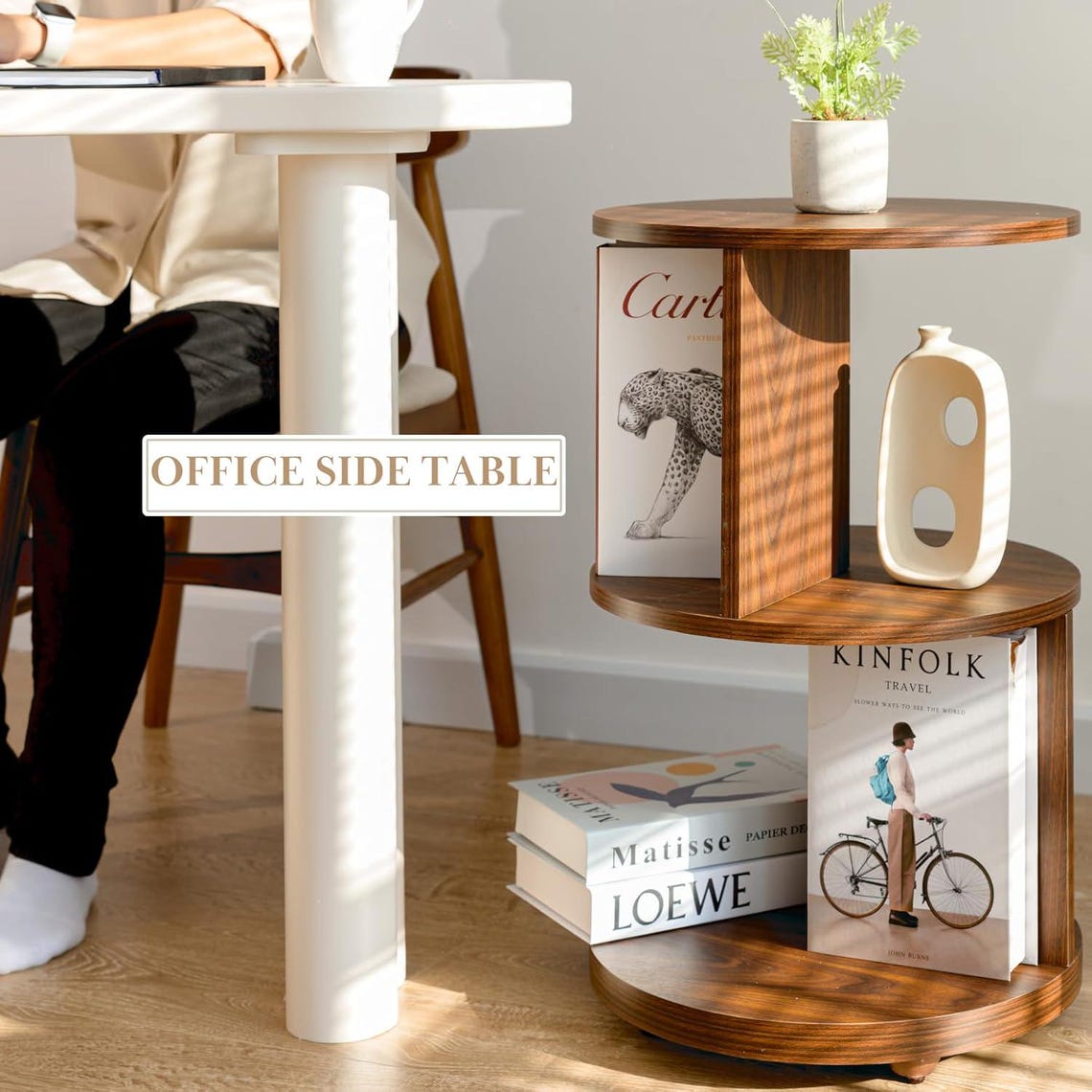 Mid Century Modern Round Side Table: 3-Tier MDF Accent Table