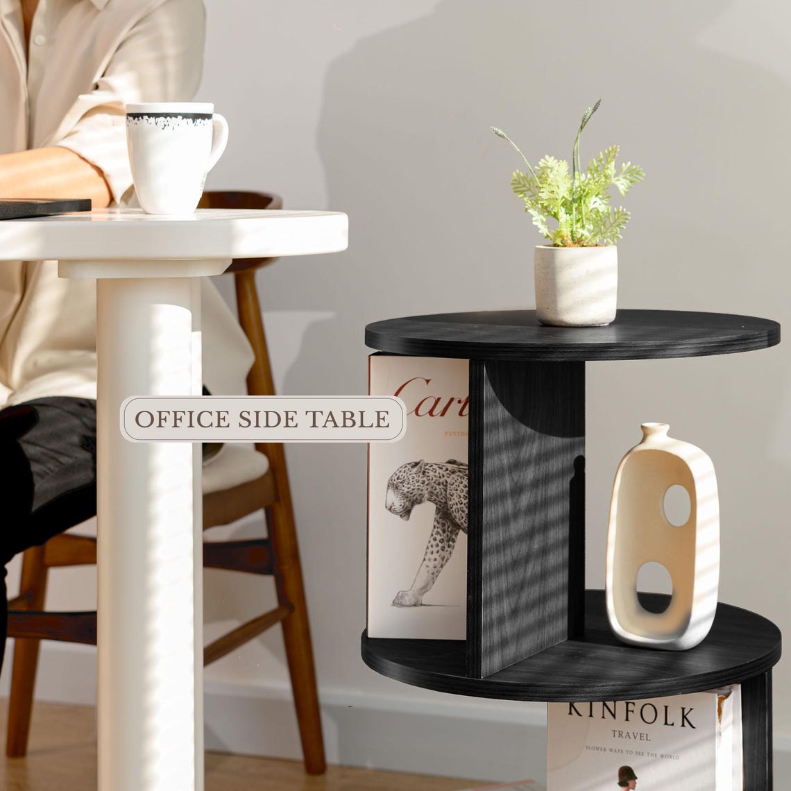 Mid Century Modern Round Side Table: 3-Tier MDF Accent Table