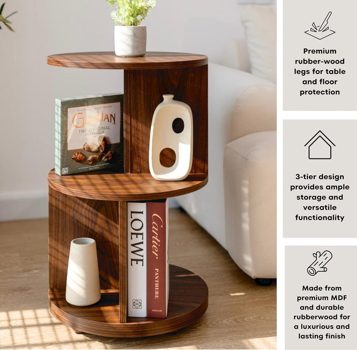 Mid Century Modern Round Side Table: 3-Tier MDF Accent Table