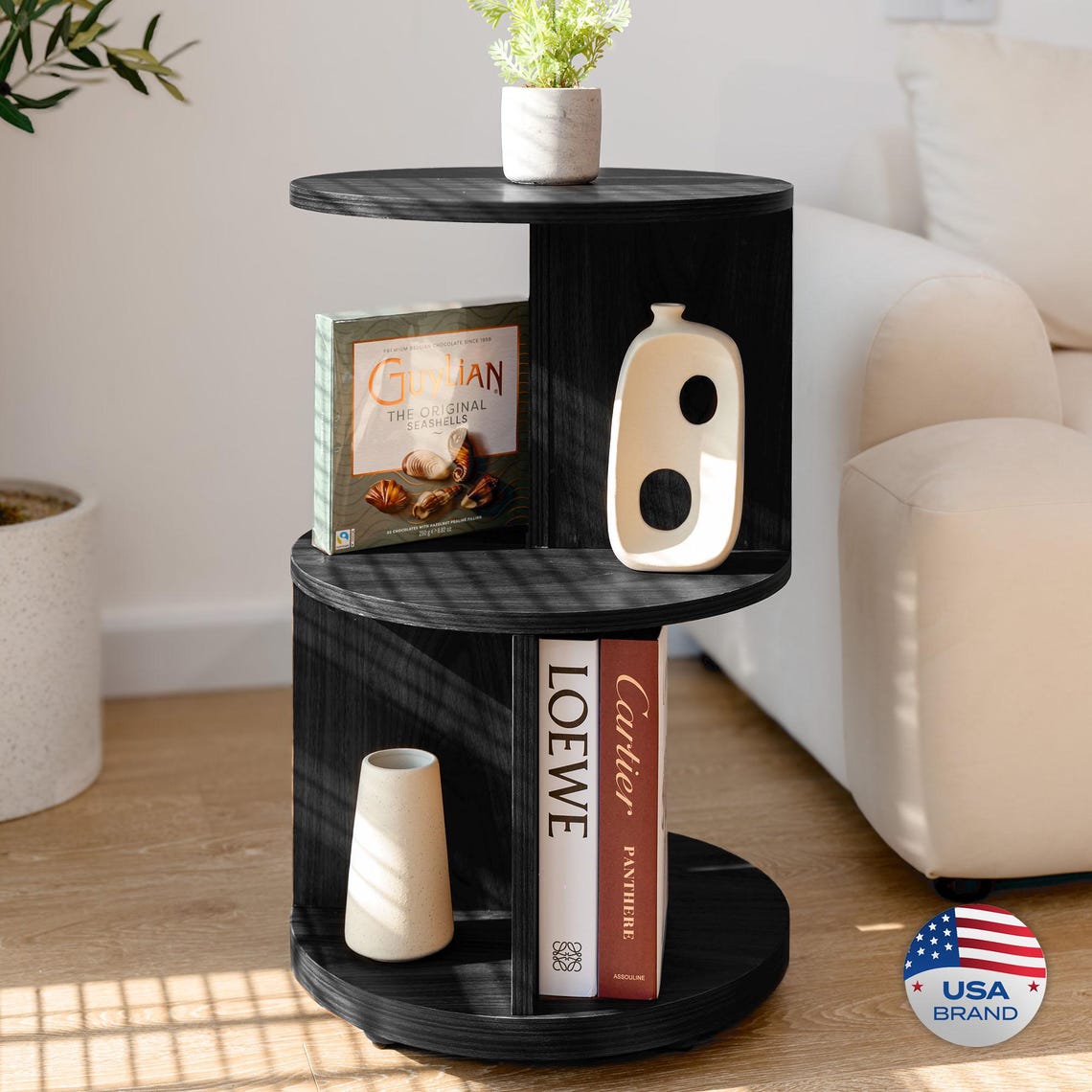 Mid Century Modern Round Side Table: 3-Tier MDF Accent Table